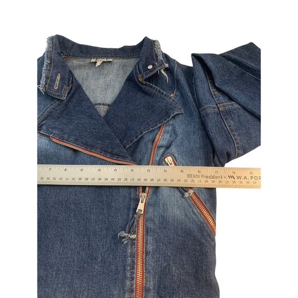 Cropped Moto Denim Jacket With Asymmetrical Zipper For Women Size 6 Small - Picture 6 of 9